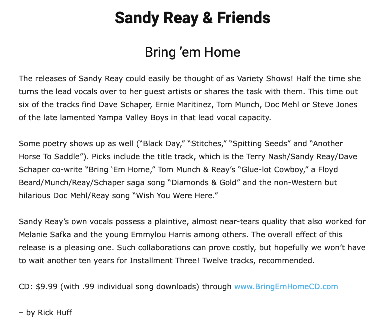 Rick Huff review of Bring 'Em Home CD by Sandy Reay and Friends